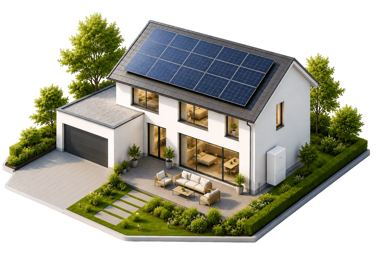 Hus med solceller og batteri